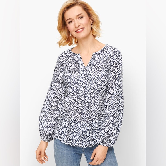 Talbots Tops - Talbots Plus Cotton Split Neck Pintuck Blouse Top Scallop Tile Print Sz 2X